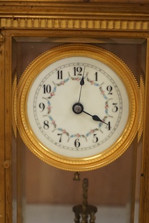 A large 19th century French four glass mantel clock, with key and pendulum, 37cm. Condition - fair to good, not tested